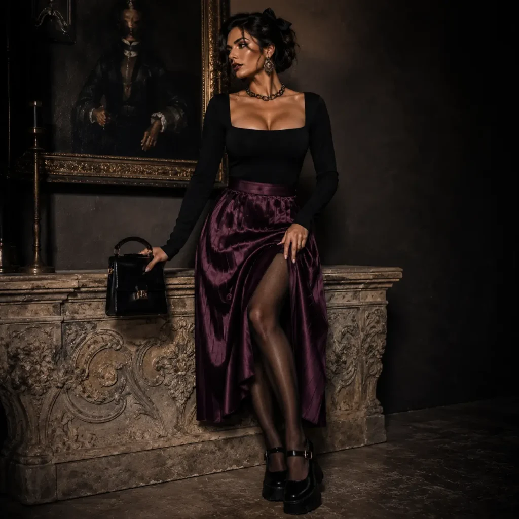 Aubergine Satin Pleated Skirt