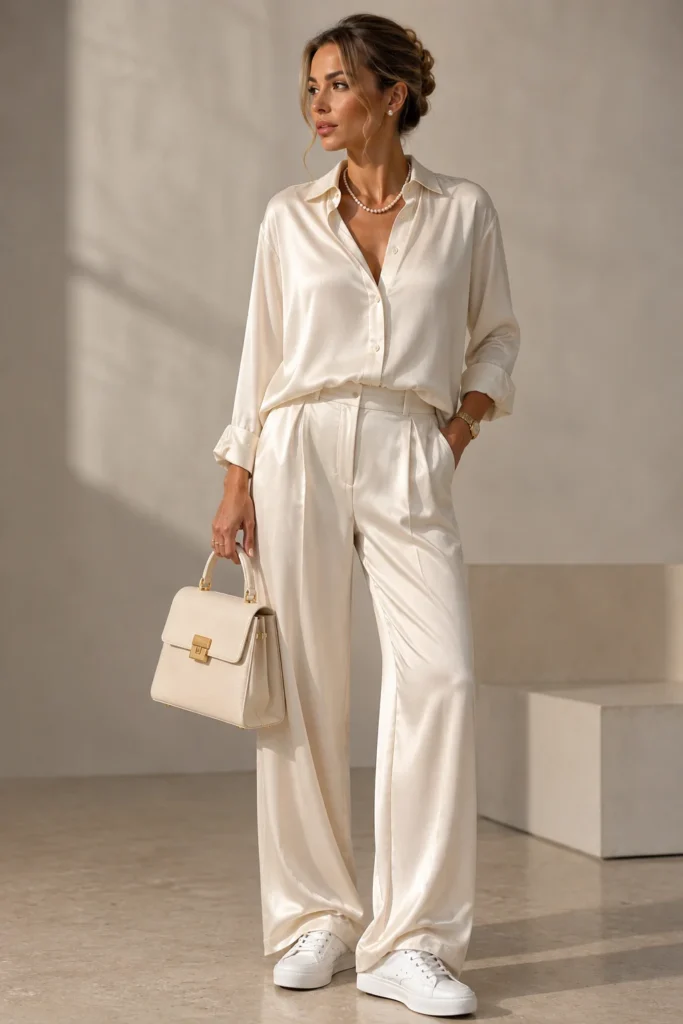 Ivory Satin Wide-Leg Trousers
