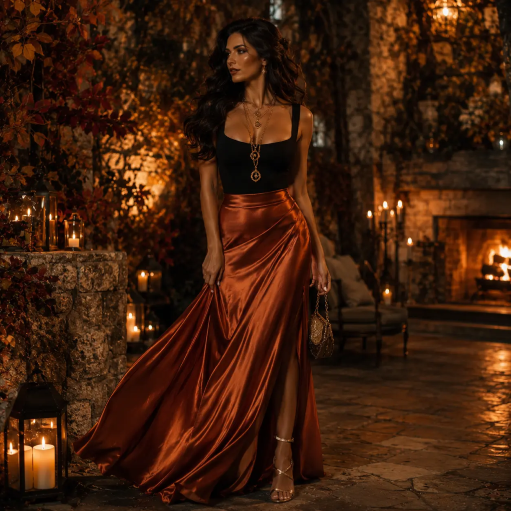 Rust Satin Maxi Skirt