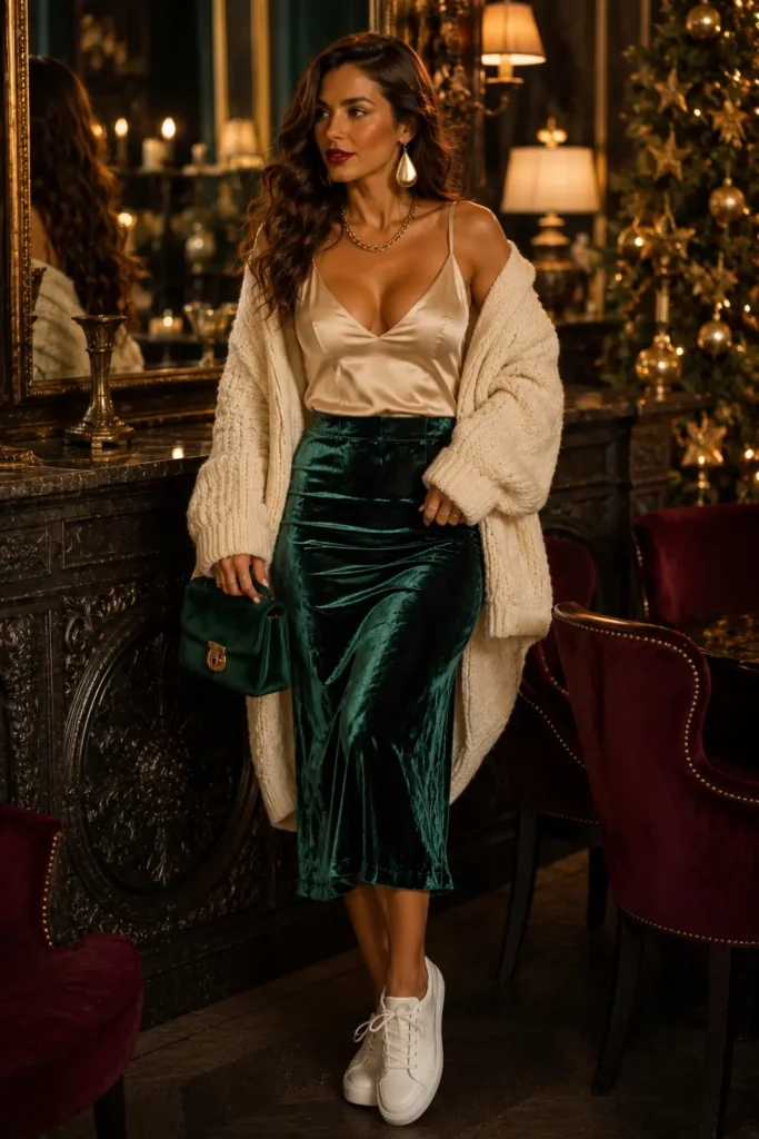 Velvet Midi Skirt + Silk Camisole